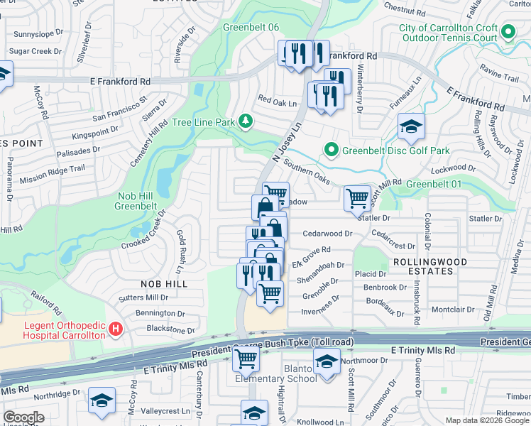 map of restaurants, bars, coffee shops, grocery stores, and more near 1901 Haymeadow in Carrollton