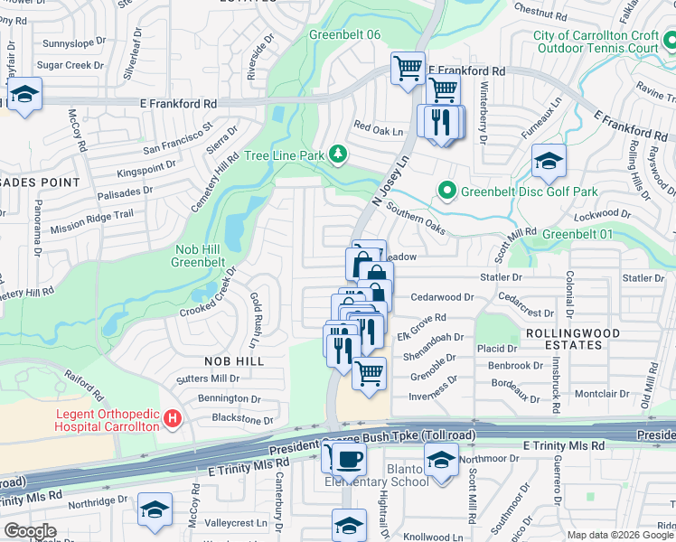 map of restaurants, bars, coffee shops, grocery stores, and more near 1809 Haymeadow in Carrollton
