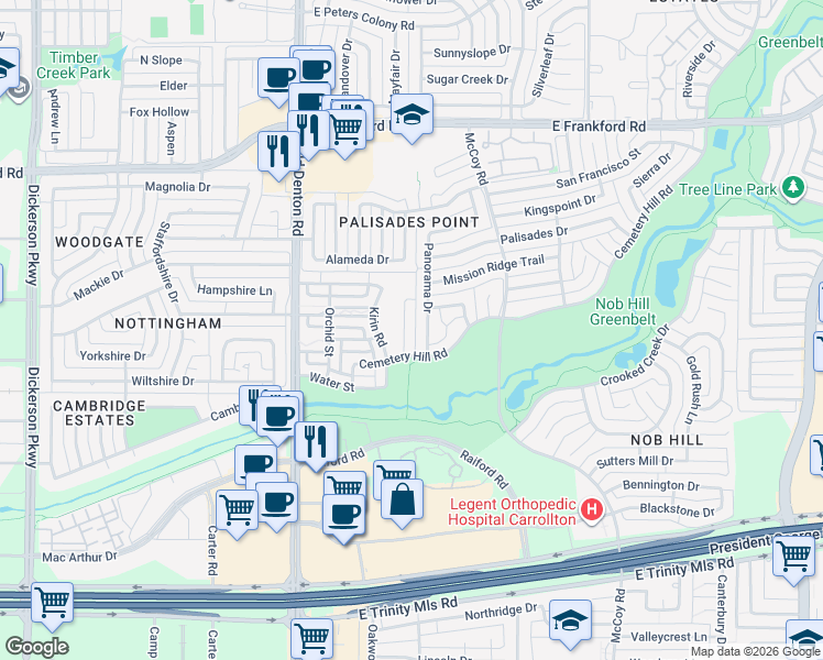 map of restaurants, bars, coffee shops, grocery stores, and more near 2854 Lotus Street in Carrollton