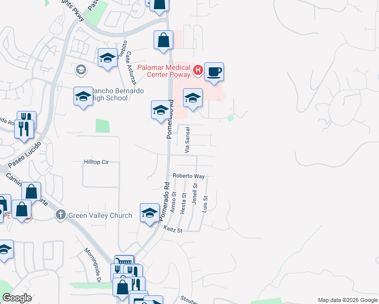 map of restaurants, bars, coffee shops, grocery stores, and more near 12708 Casa Avenida in Poway