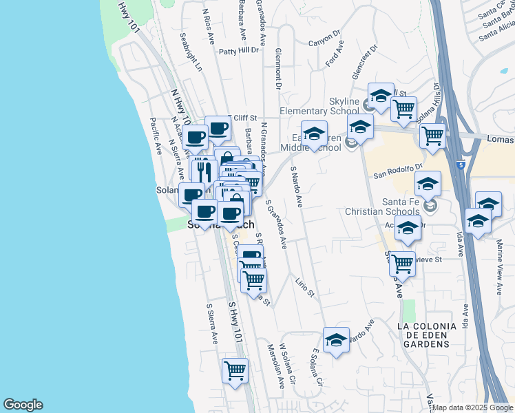 map of restaurants, bars, coffee shops, grocery stores, and more near 201 Lomas Santa Fe Drive in Solana Beach