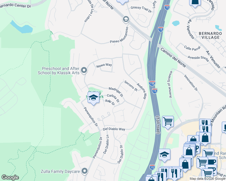 map of restaurants, bars, coffee shops, grocery stores, and more near 11110 Socorro Street in San Diego