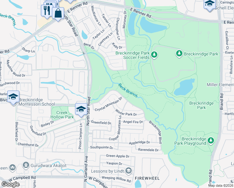 map of restaurants, bars, coffee shops, grocery stores, and more near 4612 Breckinridge Boulevard in Richardson