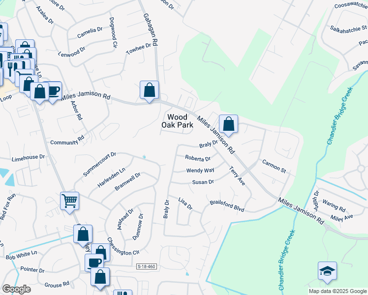map of restaurants, bars, coffee shops, grocery stores, and more near 123 Braly Drive in Summerville