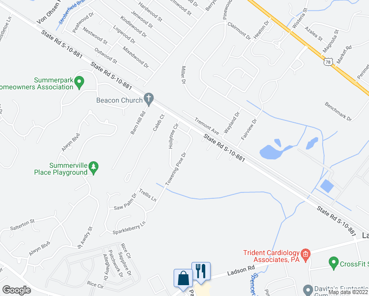 map of restaurants, bars, coffee shops, grocery stores, and more near 122 Towering Pine Drive in Ladson