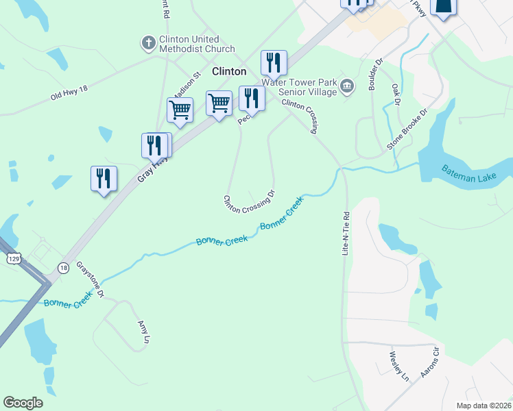 map of restaurants, bars, coffee shops, grocery stores, and more near 104 Clinton Crossing Lane in Gray