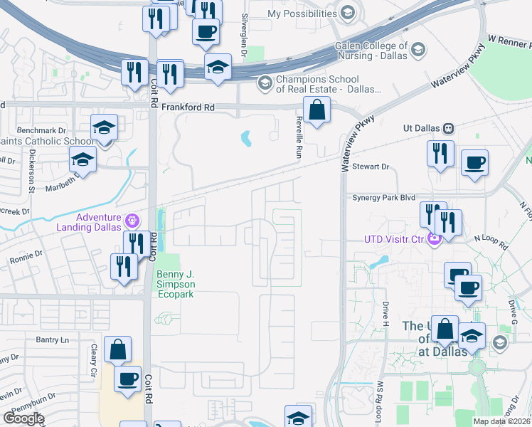 map of restaurants, bars, coffee shops, grocery stores, and more near 8238 Primrose Way in Dallas