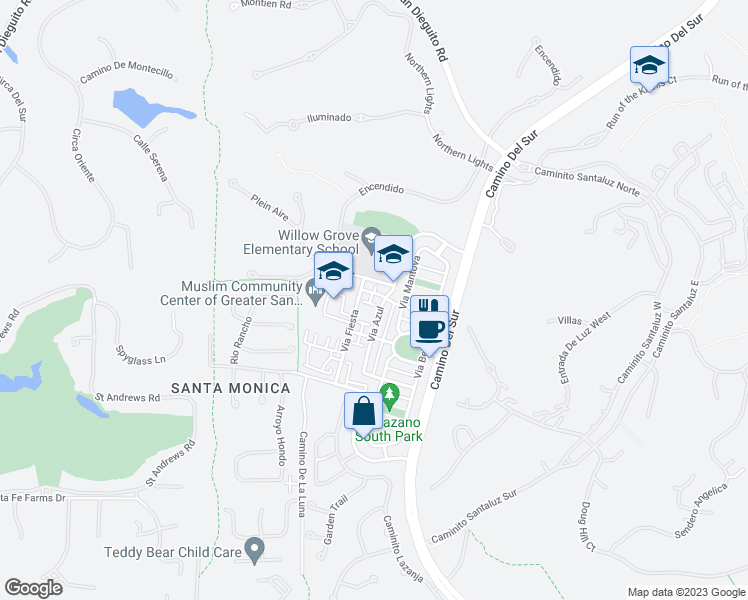 map of restaurants, bars, coffee shops, grocery stores, and more near 7573 Via Vivaldi in San Diego