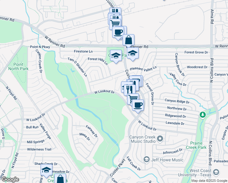 map of restaurants, bars, coffee shops, grocery stores, and more near 606 W Lookout Dr in Richardson