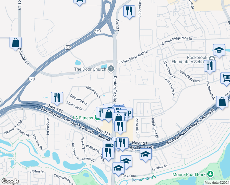 map of restaurants, bars, coffee shops, grocery stores, and more near 2802 Denton Tap Road in Lewisville
