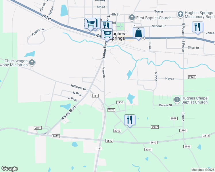 map of restaurants, bars, coffee shops, grocery stores, and more near 406 Franklin in Hughes Springs