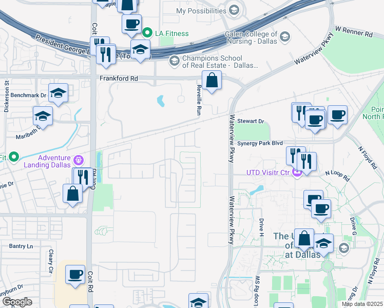 map of restaurants, bars, coffee shops, grocery stores, and more near 8320 Tuscarora Lane in Dallas