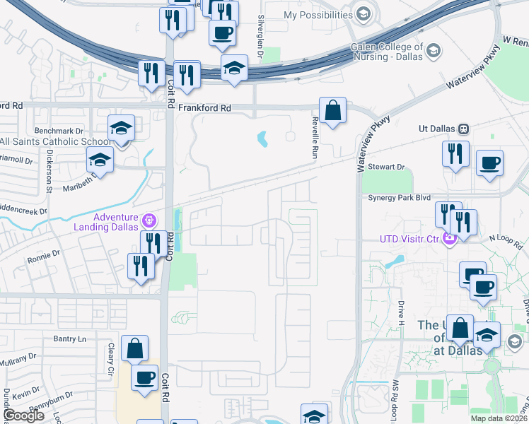 map of restaurants, bars, coffee shops, grocery stores, and more near 17735 Sage Lane in Dallas