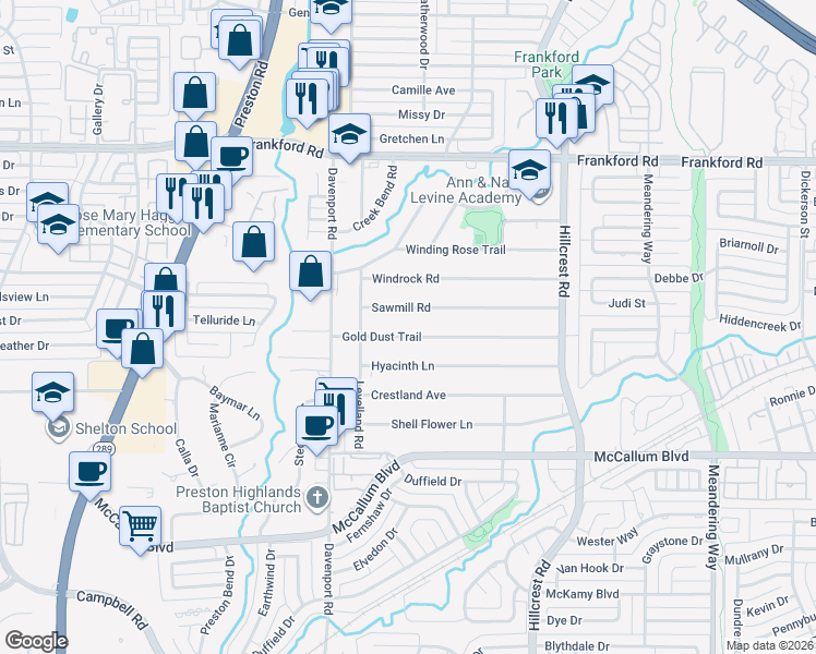 map of restaurants, bars, coffee shops, grocery stores, and more near 6624 Sawmill Road in Dallas