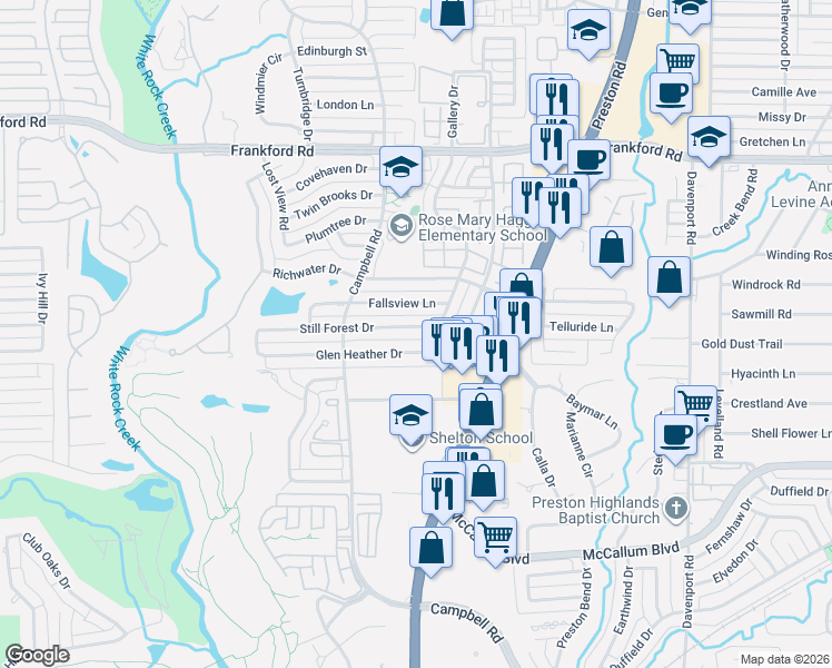 map of restaurants, bars, coffee shops, grocery stores, and more near 6021 Still Forest Drive in Dallas