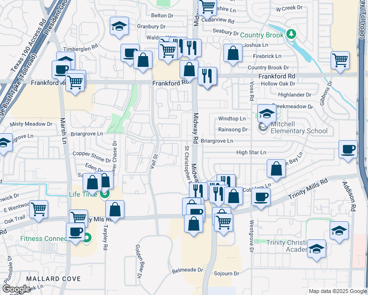 map of restaurants, bars, coffee shops, grocery stores, and more near 4002 Briargrove Lane in Dallas