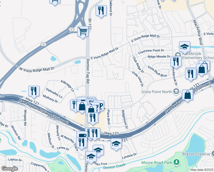 map of restaurants, bars, coffee shops, grocery stores, and more near 2801 Denton Tap Road in Lewisville