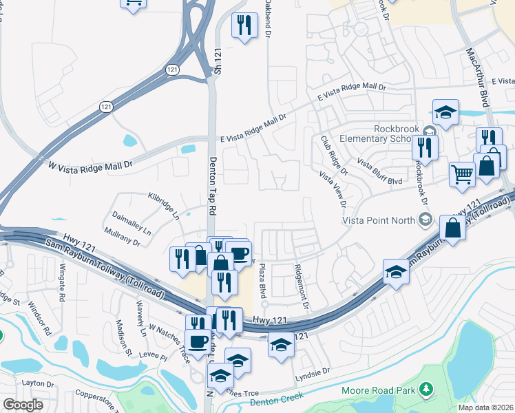 map of restaurants, bars, coffee shops, grocery stores, and more near 2801 Denton Tap Road in Lewisville