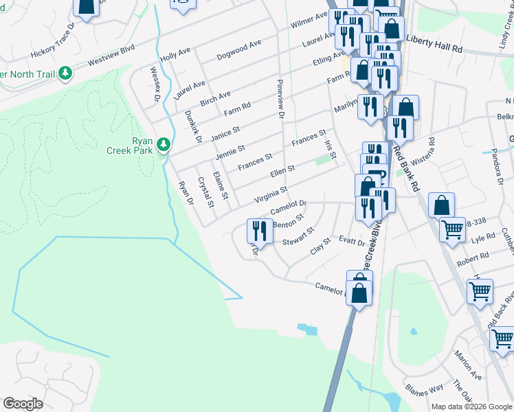 map of restaurants, bars, coffee shops, grocery stores, and more near 212 Virginia Street in Goose Creek