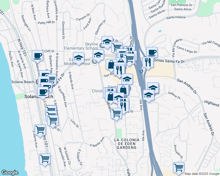 map of restaurants, bars, coffee shops, grocery stores, and more near 420 Stevens Ave in Solana Beach