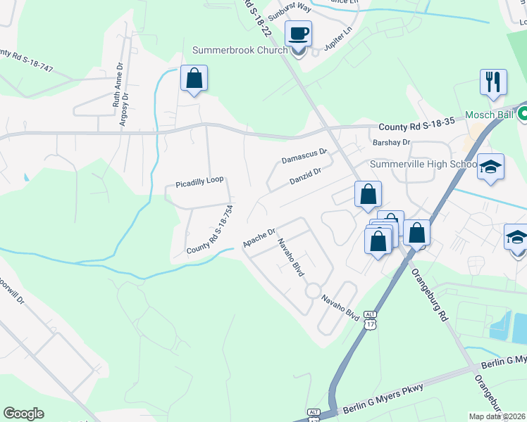 map of restaurants, bars, coffee shops, grocery stores, and more near 204 Alydar Court in Summerville