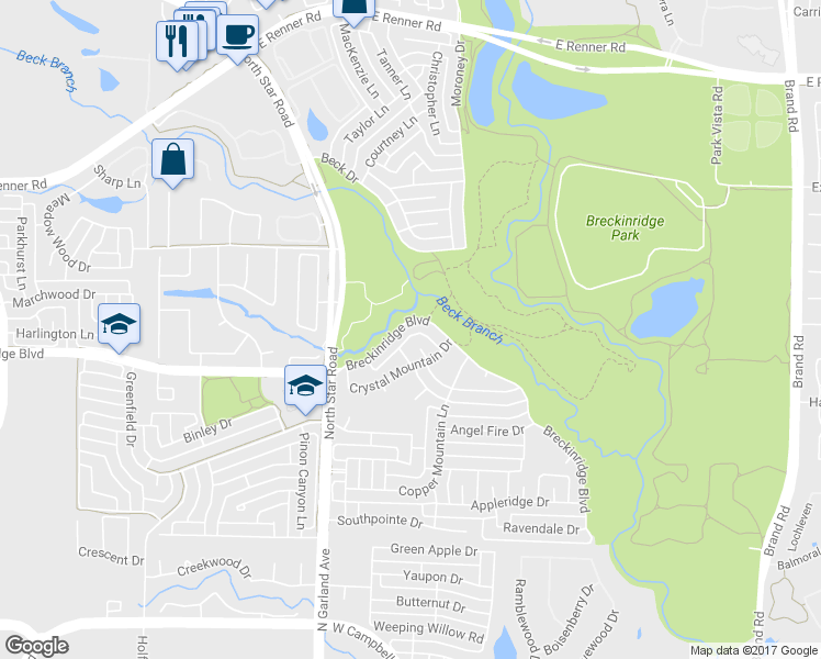 map of restaurants, bars, coffee shops, grocery stores, and more near 4600 Breckinridge Boulevard in Richardson