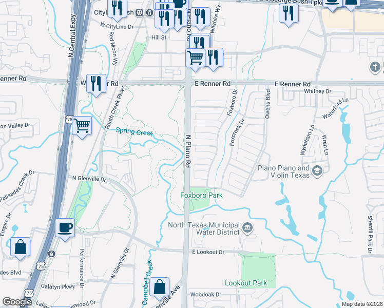 map of restaurants, bars, coffee shops, grocery stores, and more near 1400 Scottsboro Lane in Richardson
