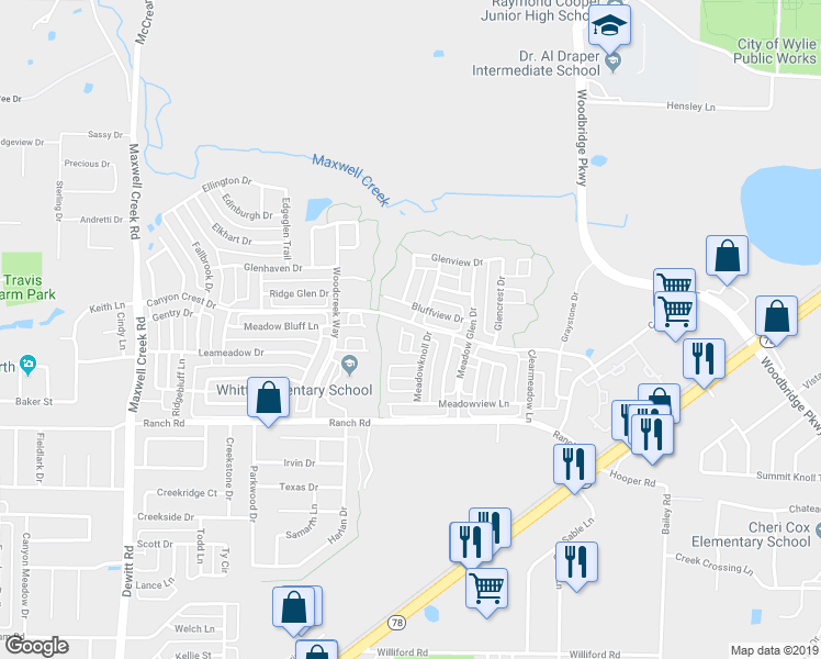 map of restaurants, bars, coffee shops, grocery stores, and more near 7628 Ridgedale Court in Sachse