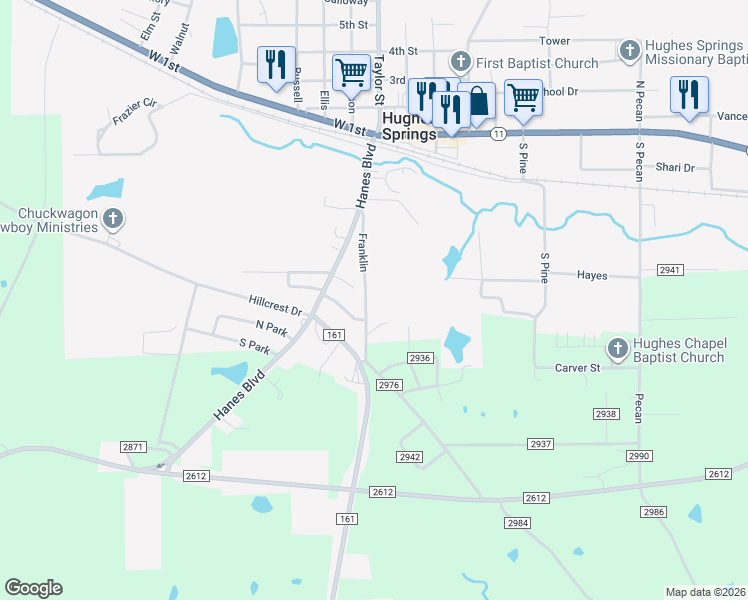 map of restaurants, bars, coffee shops, grocery stores, and more near 406 Franklin in Hughes Springs