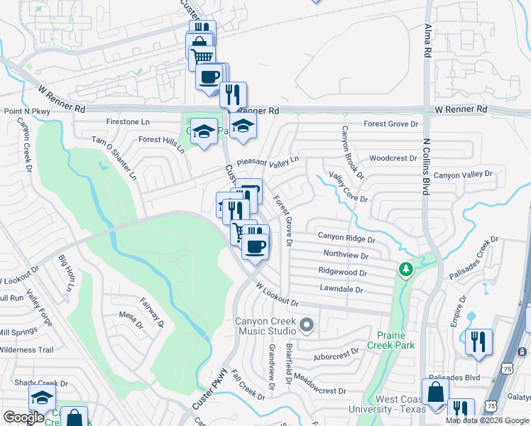 map of restaurants, bars, coffee shops, grocery stores, and more near 2705 Pinery Lane in Richardson