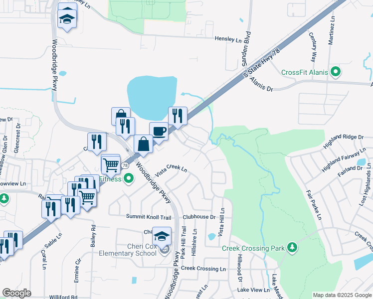 map of restaurants, bars, coffee shops, grocery stores, and more near 6219 Vista Creek Lane in Sachse