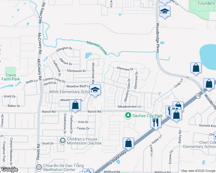 map of restaurants, bars, coffee shops, grocery stores, and more near 7628 Ridgedale Court in Sachse