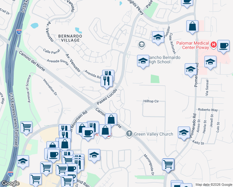 map of restaurants, bars, coffee shops, grocery stores, and more near 15086 Avenida Venusto in San Diego