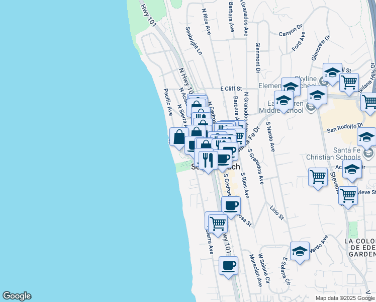 map of restaurants, bars, coffee shops, grocery stores, and more near 128 North Sierra Avenue in Solana Beach