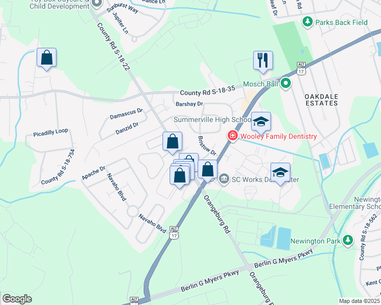 map of restaurants, bars, coffee shops, grocery stores, and more near 540 Orangeburg Road in Summerville