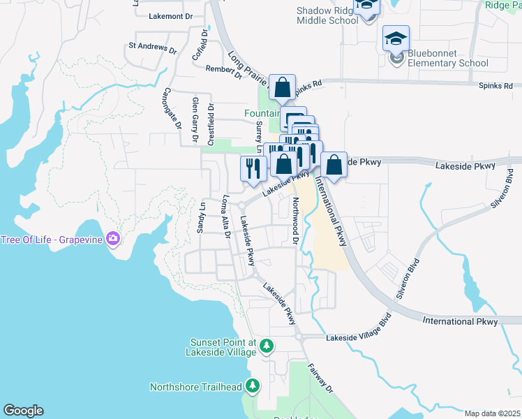 map of restaurants, bars, coffee shops, grocery stores, and more near 2701 Lakeside Parkway in Flower Mound