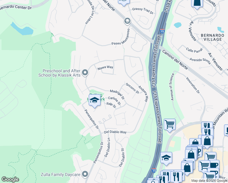 map of restaurants, bars, coffee shops, grocery stores, and more near 11112 Madrigal Street in San Diego