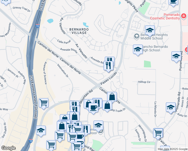 map of restaurants, bars, coffee shops, grocery stores, and more near 12059 Alta Carmel Court in San Diego