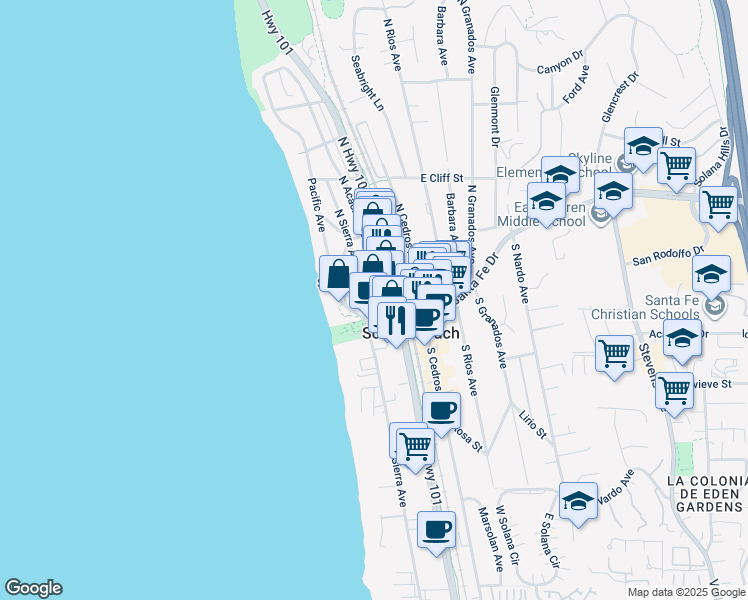 map of restaurants, bars, coffee shops, grocery stores, and more near 121 North Acacia Avenue in Solana Beach