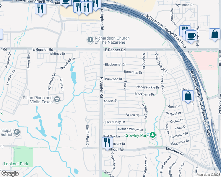 map of restaurants, bars, coffee shops, grocery stores, and more near 2210 Honeysuckle Drive in Richardson