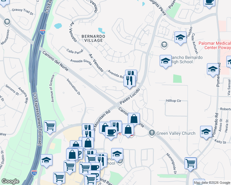 map of restaurants, bars, coffee shops, grocery stores, and more near 12079 Alta Carmel Court in San Diego