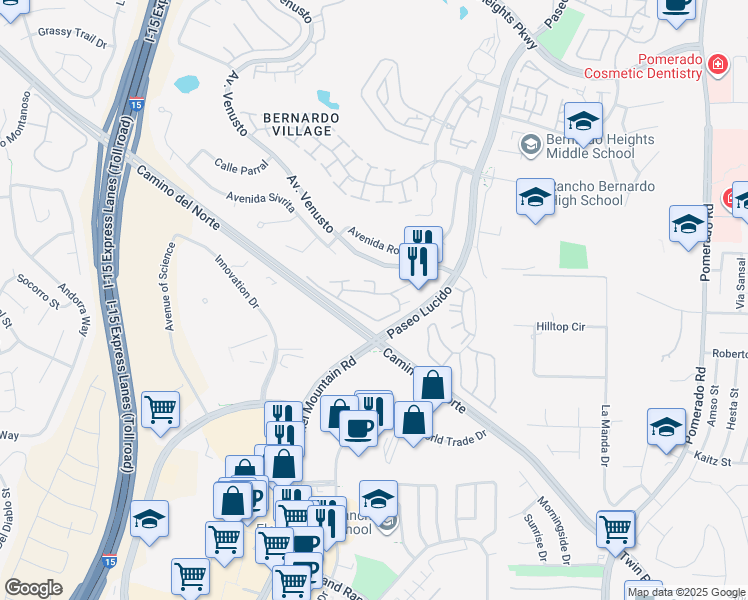 map of restaurants, bars, coffee shops, grocery stores, and more near 12067 Alta Carmel Court in San Diego