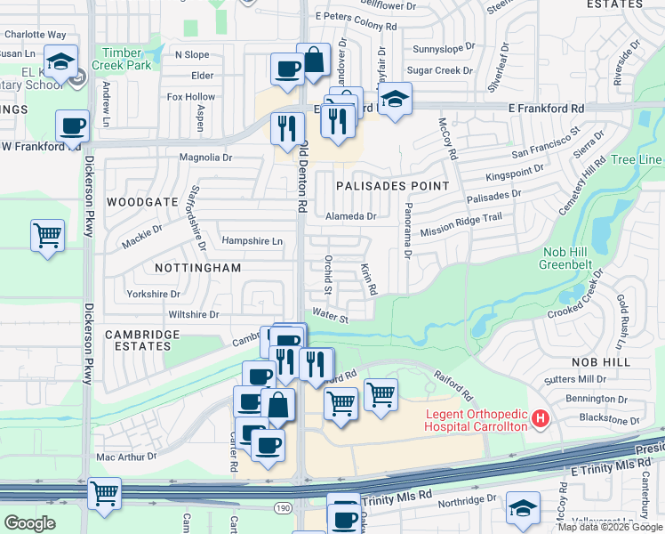 map of restaurants, bars, coffee shops, grocery stores, and more near 1012 Peacock Boulevard in Carrollton