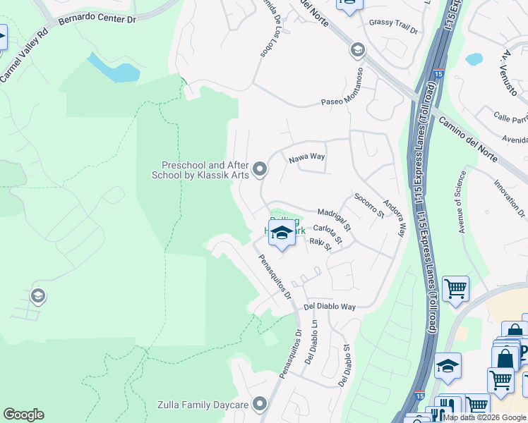 map of restaurants, bars, coffee shops, grocery stores, and more near 10995 Madrigal Street in San Diego