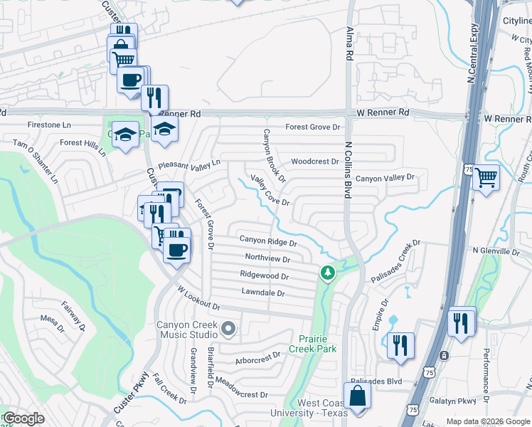 map of restaurants, bars, coffee shops, grocery stores, and more near 404 Brook Glen Place in Richardson