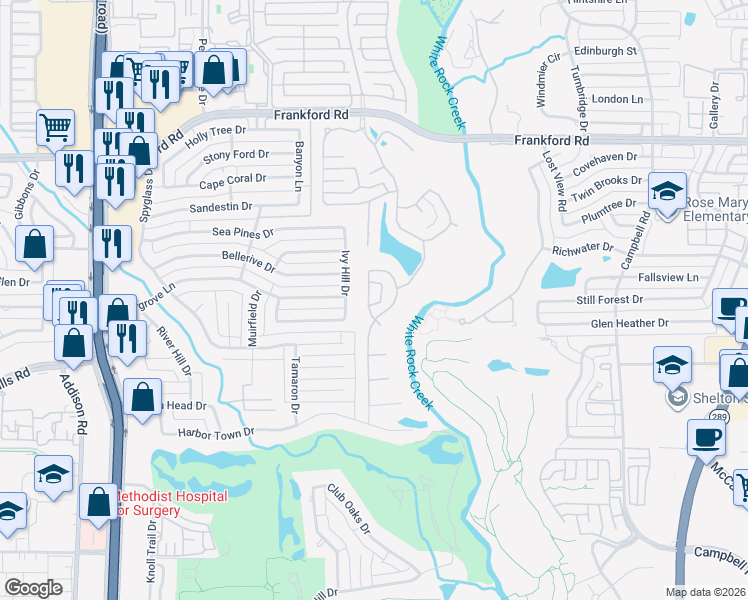 map of restaurants, bars, coffee shops, grocery stores, and more near 17520 Oak Mount Place in Dallas