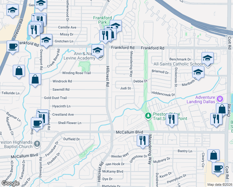 map of restaurants, bars, coffee shops, grocery stores, and more near 7010 Lattimore Drive in Dallas
