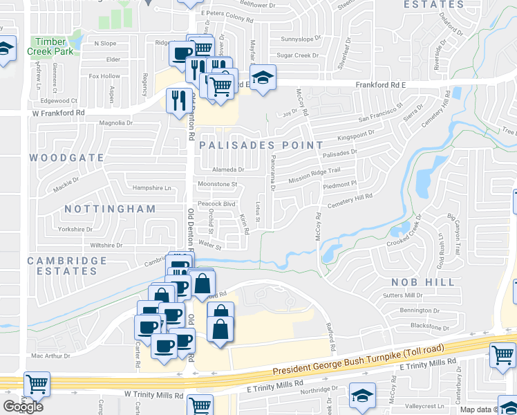 map of restaurants, bars, coffee shops, grocery stores, and more near 2854 Lotus Street in Carrollton