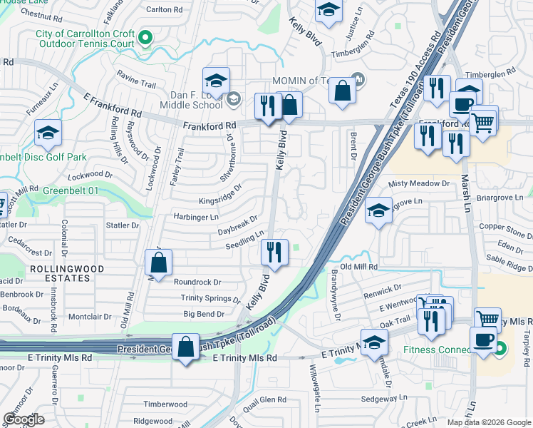 map of restaurants, bars, coffee shops, grocery stores, and more near 2704 Daybreak Drive in Dallas