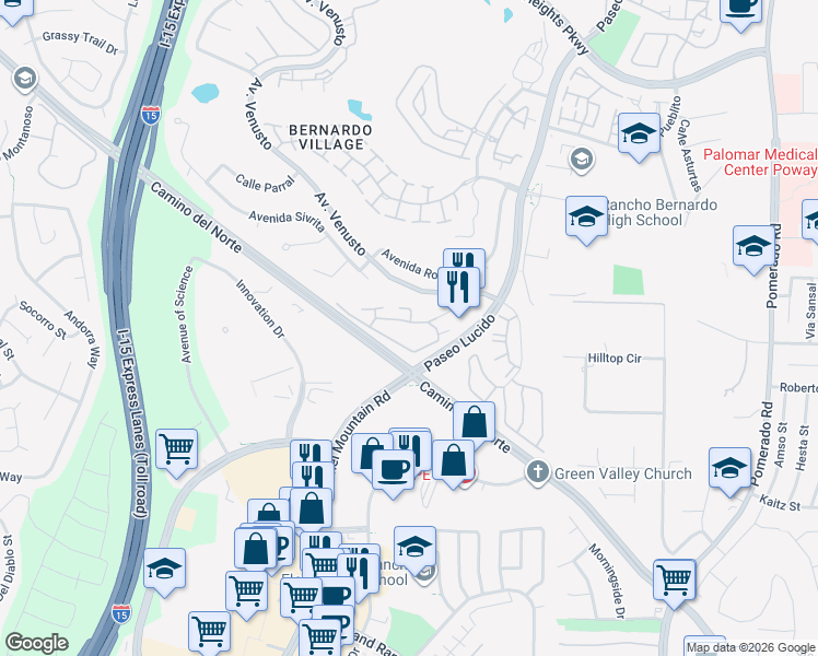 map of restaurants, bars, coffee shops, grocery stores, and more near 12079 Alta Carmel Court in San Diego